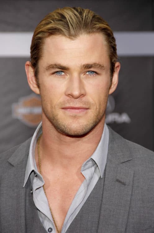Chris Hemsworth Great Celebrity Hair with an M-hairline and slicked back hair.