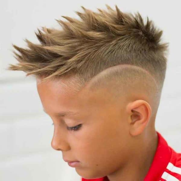 Boys Faux Hawk Haircut with an arc line.