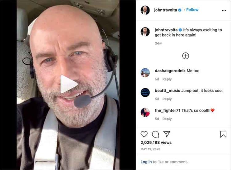 Bald John Travolta flying in his airplane - posted on Instagram
