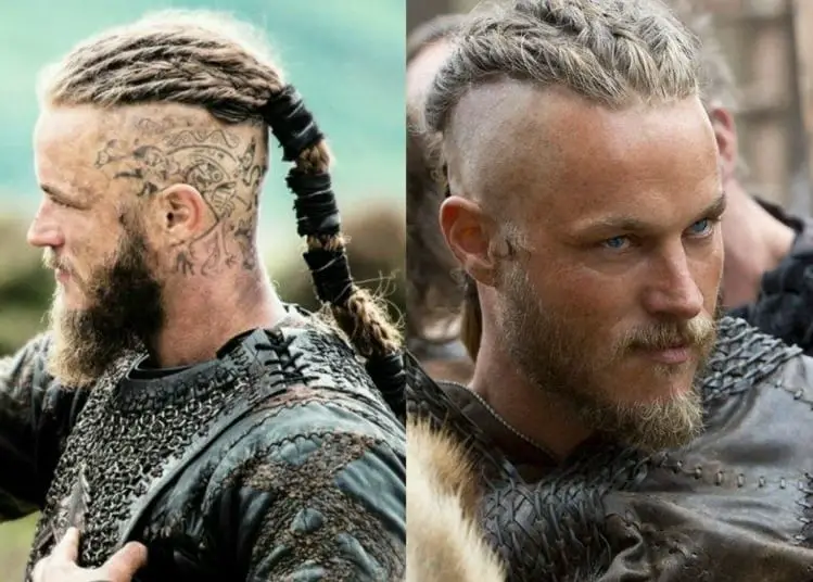 Ragnar's Viking braids flowing to an extra long ponytail.