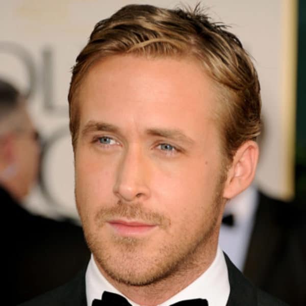 Ryan Gosling's blonde mustache and stubble beard.
