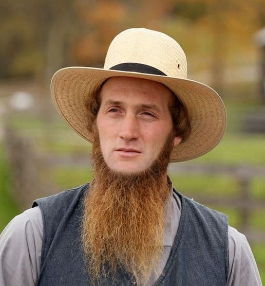 Longer chin strap style grown into a traditional Amish Beard.